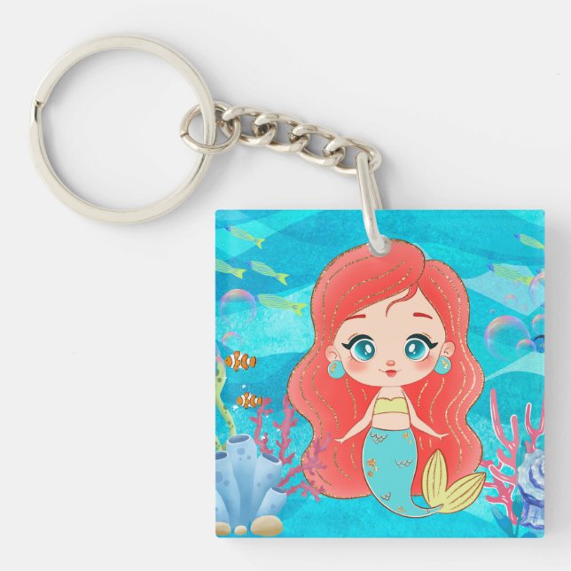 Llavero Hermosa sirena de pelo rojo jugando en el mar (Frente)