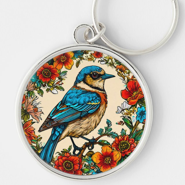 Llavero Hermosamente ilustrado pájaro (Frente)