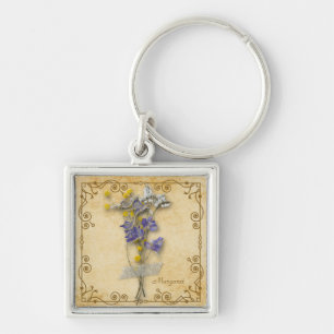 Llavero Hermosas flores beige secas de época con nombre