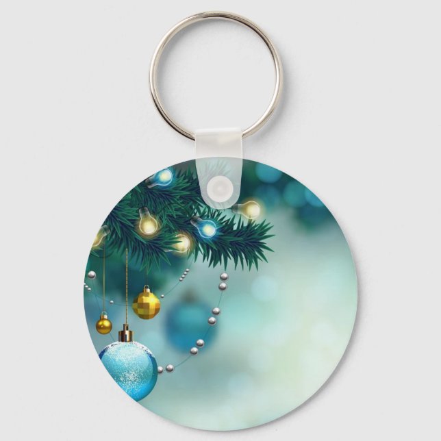 Llavero Hermoso Árbol De Pino Con Bolas De Navidad Azul (Anverso)