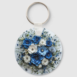 Llavero Hermoso arreglo floral azul y blanco