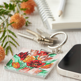 Llavero Hermoso Bouquet Floral Tulipanes Arte Contorno Neg