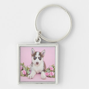 Llavero Hermoso cachorro humilde con rosas rosas rosas