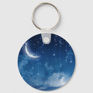 Llavero Hermoso cielo nocturno azul y luna creciente
