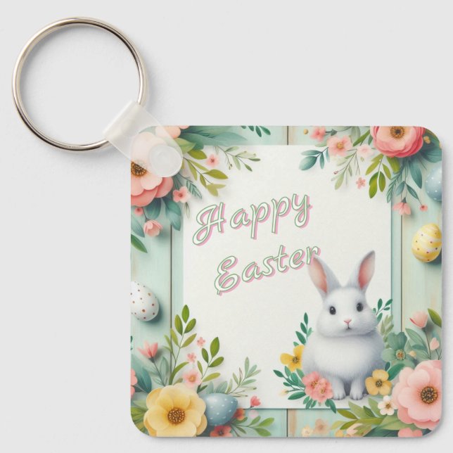 Llavero Hermoso conejito de Pascua con flores (Anverso)