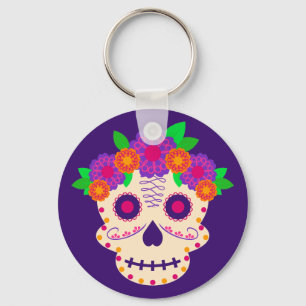 Llavero Hermoso cráneo con flores Día de los Muertos