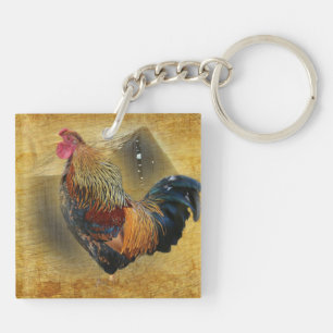 Llavero Hermoso gallo y rústico gallinero
