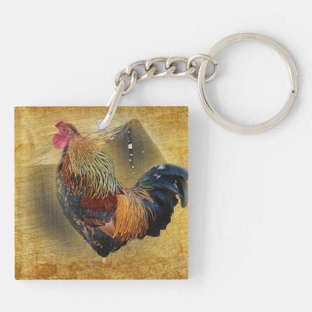Llavero Hermoso gallo y rústico gallinero (Atrás)