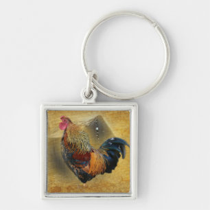 Llavero Hermoso gallo y rústico gallinero