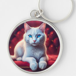 Llavero Hermoso Gato Albino De Ojos Azules En Un Sofá Rojo