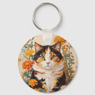 Llavero Hermoso Gato Calico Con Flores Marigold