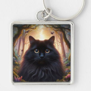 Llavero Hermoso Gato Negro Fluffy con Ojos de Oro
