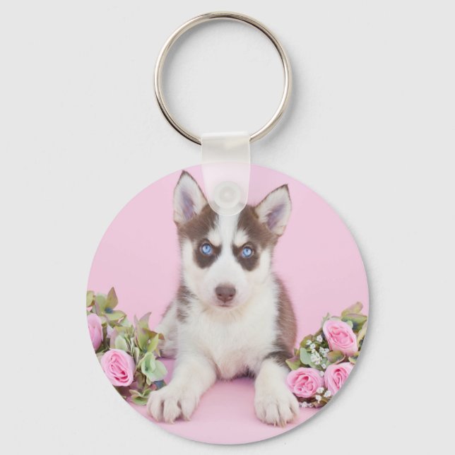 Llavero Hermoso Husky Puppy con rosas rosas rosas (Anverso)