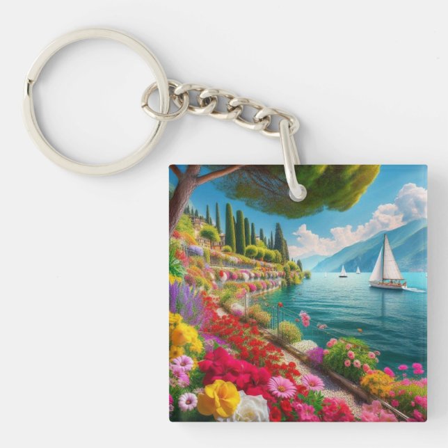 Llavero Hermoso lago con velero y flores Pintura (Frente)
