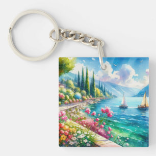 Llavero Hermoso lago con veleros y flores Pintura