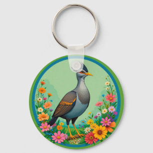 Llavero Hermoso pájaro exótico descansando entre flores co