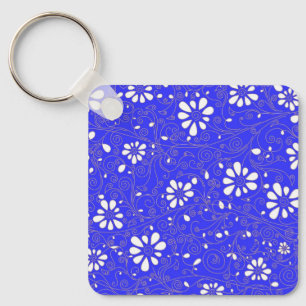 Llavero Hermoso patrón de flores clásico azul blanco