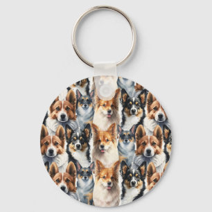 Llavero Hermoso patrón de perro Corgi en acuarela