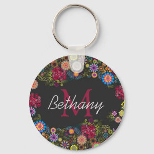 Llavero Hermoso patrón floral oscuro ornamentado personali