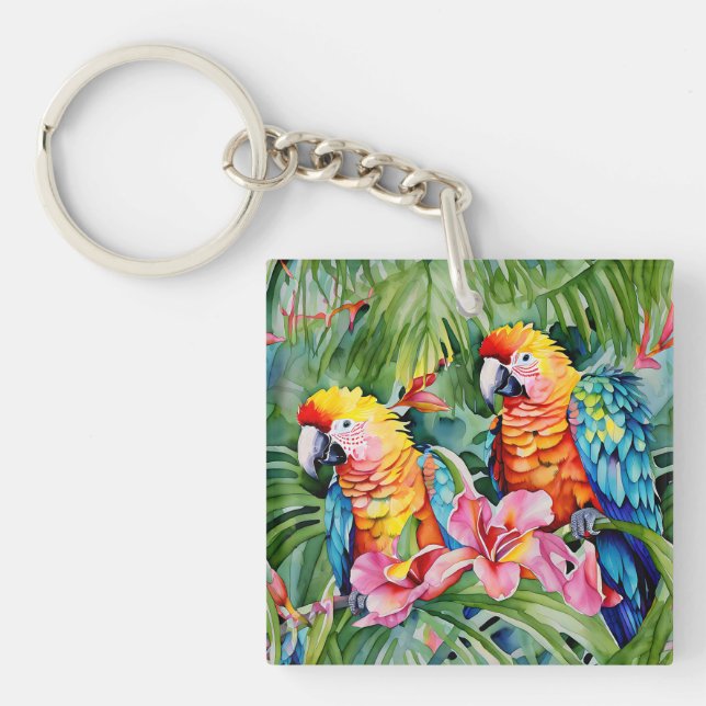 Llavero Hermosos loros y flores tropicales (Frente)