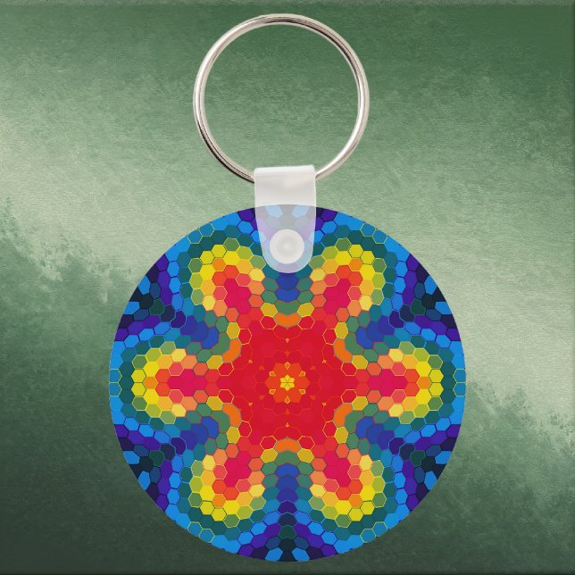 Llavero Hex Mandala Red Yellow and Blue (Red Yellow and Blue Hexagon Mandala Keychain by Wormhole Orbital)