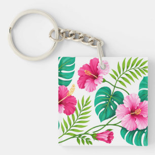 Llavero Hibisco Rosa Tropical y Hojas de Monstera