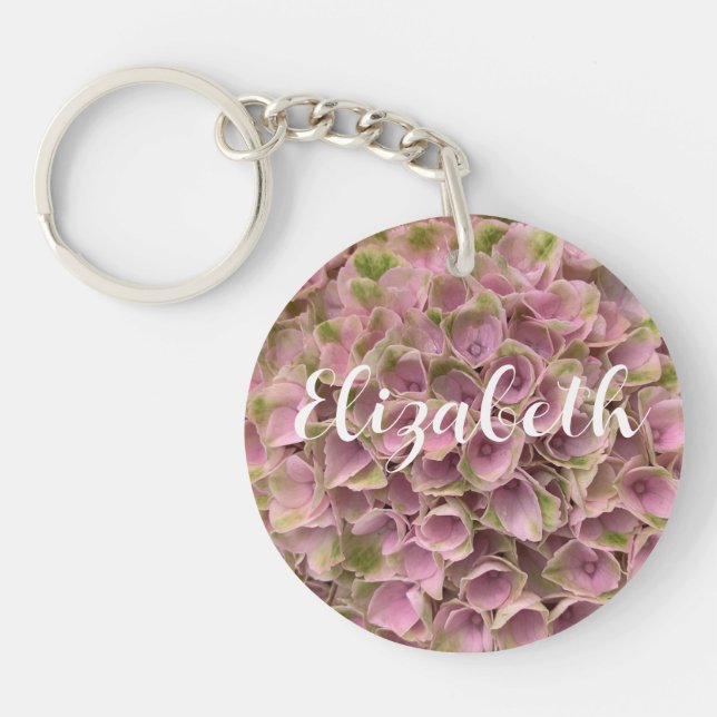 Llavero Hidrangea floral rosa y verde pálido de personaliz (Frente)