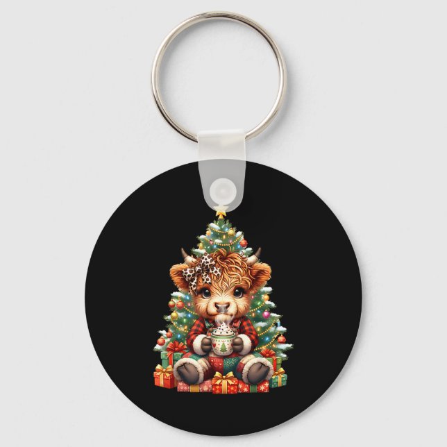 Llavero Highland Cow Christmas Tree Cute Heifer Cow Mooey  (Anverso)