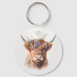 Llavero Highland Cow with Floral Crown Watercolor Illustra