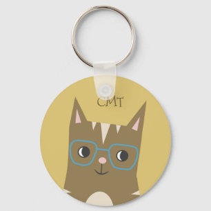 Llavero Hipster Tabby Cat con gafas   Monograma