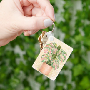 Llavero hoja de monstera de cuadros rosada escocesa Escoci