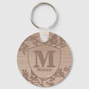 Llavero Hojas grabadas de madera nombre vintage llave mono