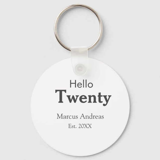 Llavero Hola 20 cumpleaños añadir nombre. Añadir un mínimo (Anverso)
