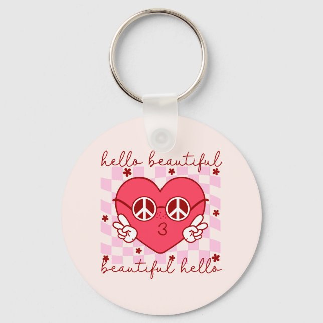 Llavero Hola Hermoso Corazón Rosa (Anverso)