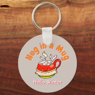 Llavero Hola Invierno Abrazo en una Taza Ilustración Kawai