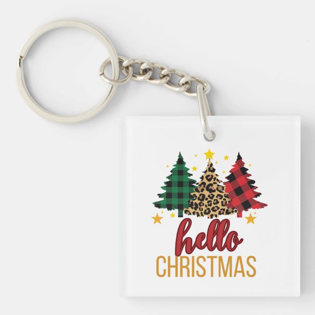 Llavero Hola navidades Leopard Print Plaid Trees keychain (Frente)