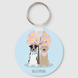 Llavero Hola primavera perros junto al árbol de flor de ce