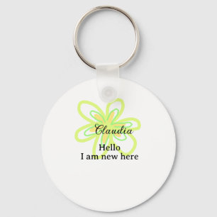 Llavero Hola soy nuevo aquí nombre flor amarilla verde niñ