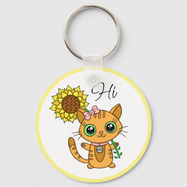 Llavero Hola y abrazos | Gato dulce con girasol (Anverso)