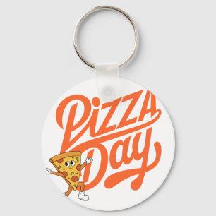 Llavero Hombre de pizza junto al cartel del Día de la pizz