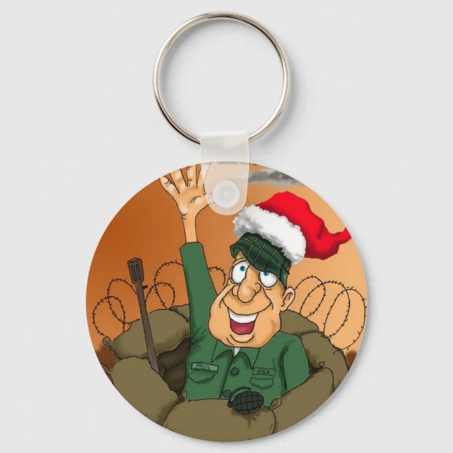 Llavero Hombre del ejército agitando con Santa Hat (Anverso)