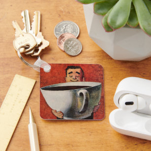 Llavero Hombre Feliz Antiguo Bebiendo Taza Gigante de Café