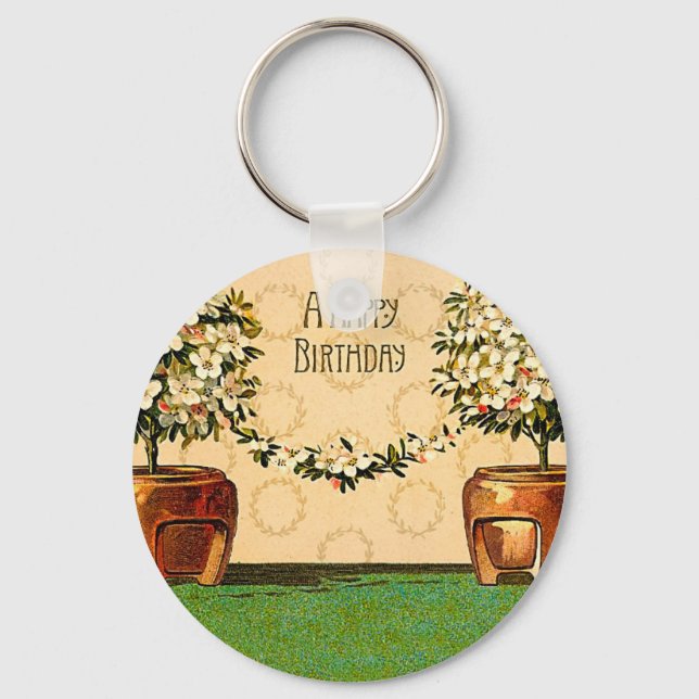 Llavero Homenaje feliz cumpleaños Vintage Flowers Keychain (Anverso)