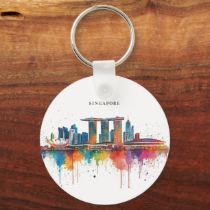 Llavero Horizonte de Singapur ciudad acuarela retro