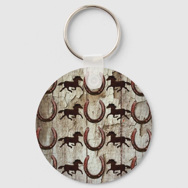 Llavero Horses Horseshoes on Barn Wood Cowboy Gifts (Anverso)