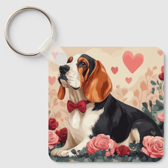 Llavero Hound Basset con Rosas - El día de San Valentín (Anverso)