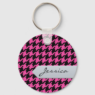 Llavero Houndstooth rosado clásico elegante con el