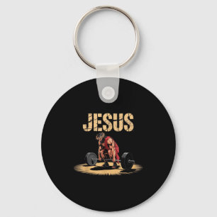 Llavero Humor cristiano de Jesús divertido levantando pesa