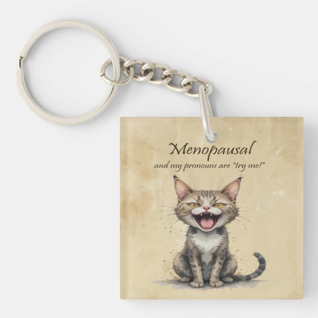 Llavero Humor sobre la menopausia Gato estresado enojado (Frente)