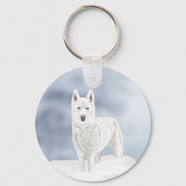 Llavero Husky Blanco contra Escena de Nieve (Anverso)